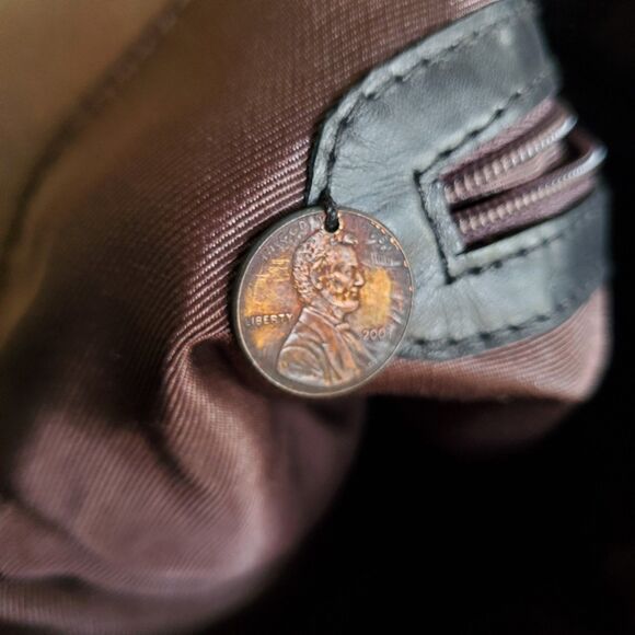 Anthony Luciano Wine Leather Tote Shoulder Bag Charm Penny Woven Trim Straps Lg - Picture 4 of 16